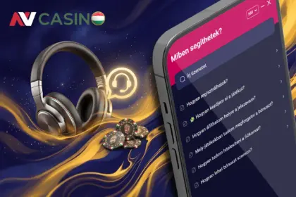 Az NV Casino magyar nyelvű ügyfélszolgálati felülete egy mobiltelefonon, mellette egy fejhallgatóval és kaszinó zsetonokkal