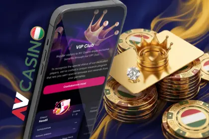 Exkluzív VIP klub tagság az NV Casino oldalán, egy virtuális aranykártyával, gyémánttal és magyar zászlós zsetonokkal ábrázolva