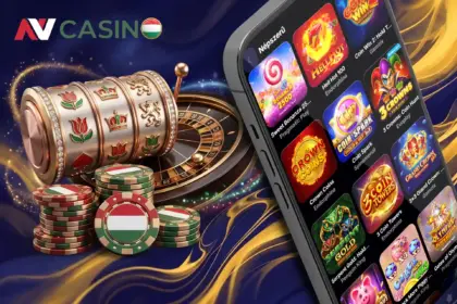 Népszerű nyerőgépes játékok választéka az NV Casino mobil felületén, egy 3D-s játékgép és zsetonok kíséretében